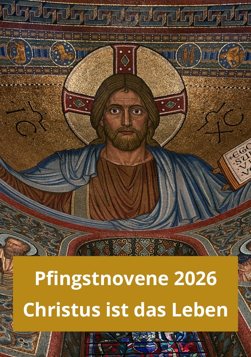 Das Bild zeigt ein Mosaik von Jesus Christus mit einem Kreuznimbus, einem Buch in der Hand und einem Heiligenschein. Darunter steht der Text: 